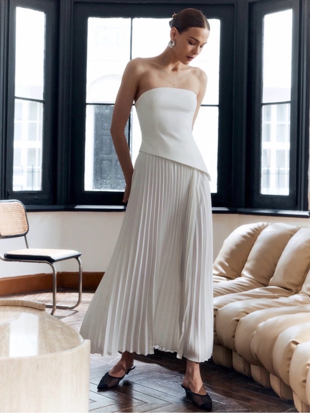 Commense Asymmetrical Strapless White Pleated Maxi Dress
